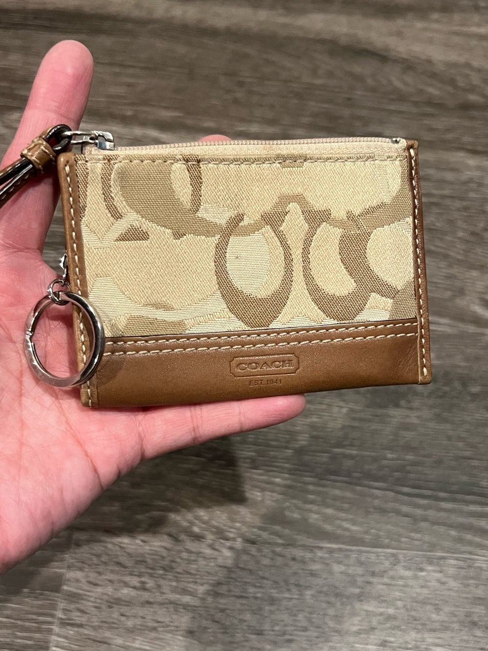 Coach Signature Jacquard Beige and Brown Zip Key Coin Card Case